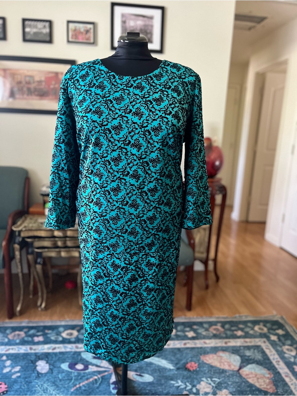 Teal and Black Long Sleeve Patterned Sheath Dress